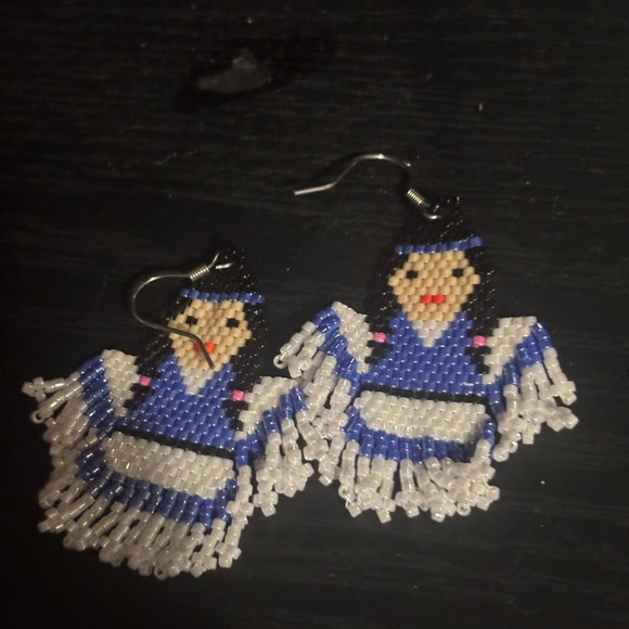 Handcrafted Blue and White Beaded Earrings - Picture 2 of 2